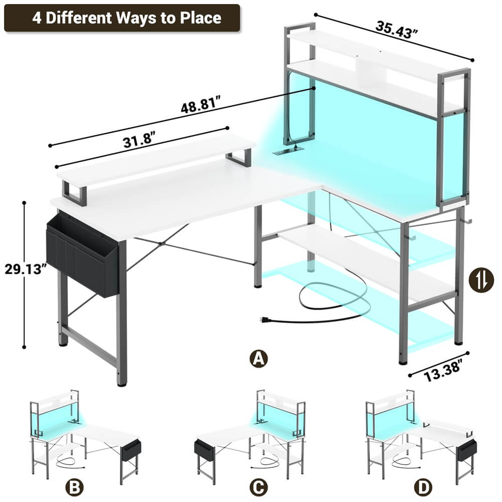 L Shaped Gaming Desk with Power Outlets & LED Lights, Small Computer Gaming Desk with Monitor Stand, Storage, Side Storage Bag, and Headphone Hooks