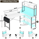 L Shaped Gaming Desk with Power Outlets & LED Lights, Small Computer Gaming Desk with Monitor Stand, Storage, Side Storage Bag, and Headphone Hooks