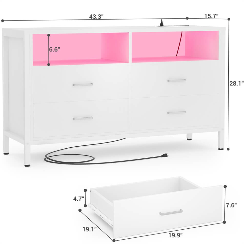 Unikito Dresser for Bedroom, 4 Drawer Dresser with LED Lights and Charging Station, Wood Dresser, Wide Chest of Drawer Storage Organizer, Dresser TV Stand for Living Room, Closet, Entryway