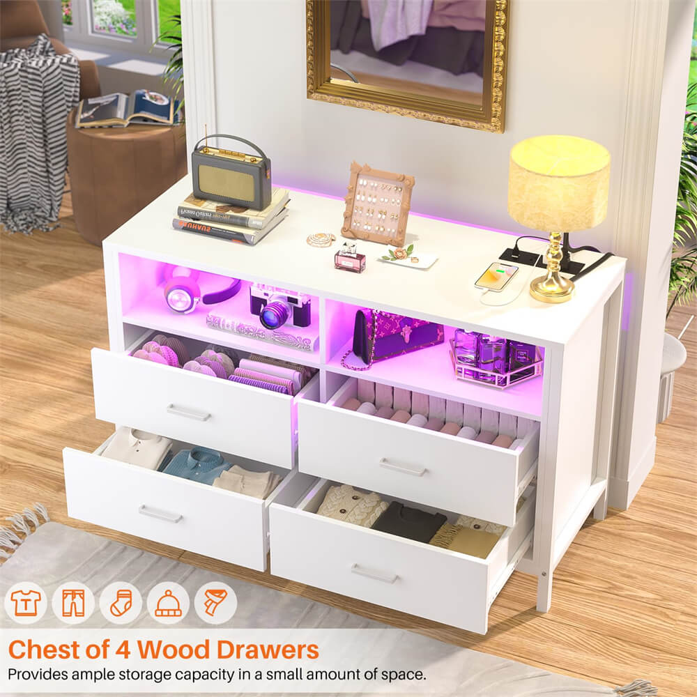 Unikito Dresser for Bedroom, 4 Drawer Dresser with LED Lights and Charging Station, Wood Dresser, Wide Chest of Drawer Storage Organizer, Dresser TV Stand for Living Room, Closet, Entryway