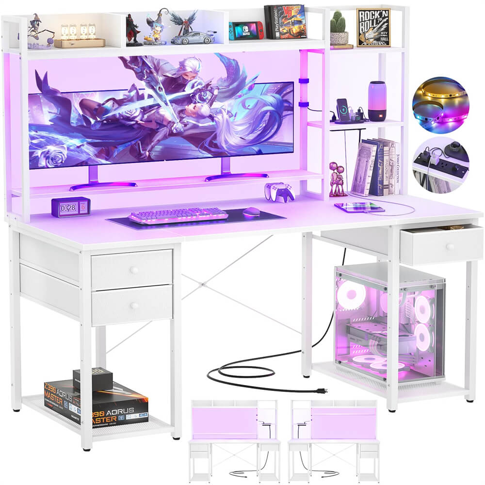 Unikito Gaming Desk with LED and Outlets, 55'' Computer Desk with Hutch & Drawers, Reversible Office Desk with Storage Bookshelf, Large Workstation Desk with Shelf, Desk for Home