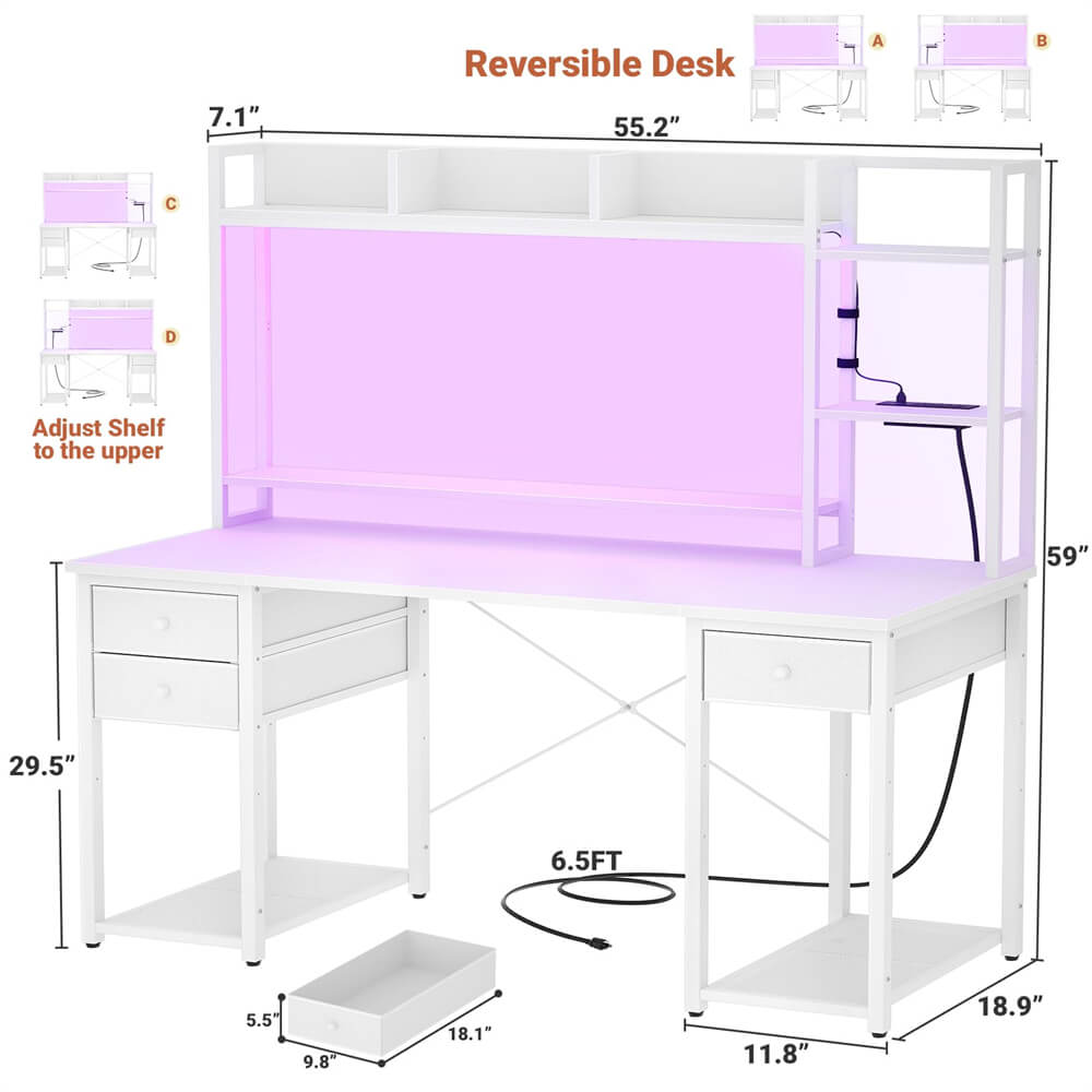 Unikito Gaming Desk with LED and Outlets, 55'' Computer Desk with Hutch & Drawers, Reversible Office Desk with Storage Bookshelf, Large Workstation Desk with Shelf, Desk for Home