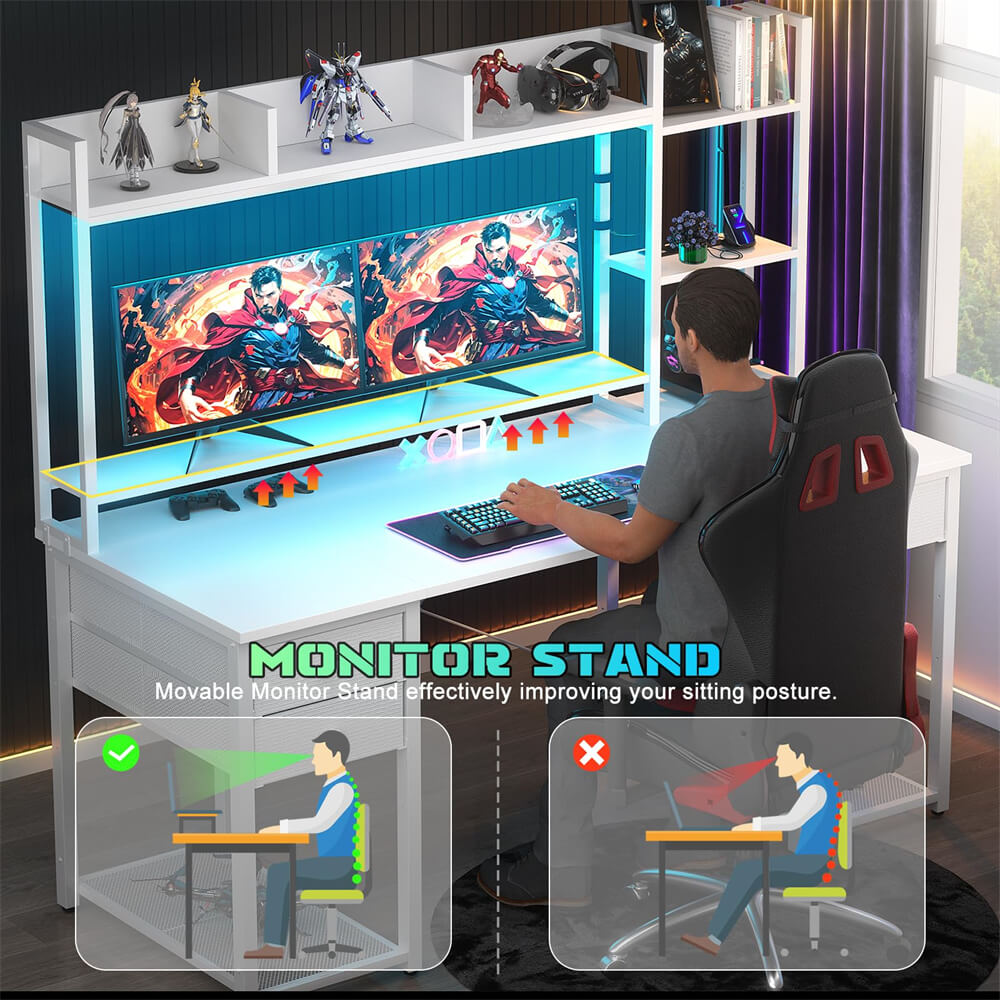 Unikito Gaming Desk with LED and Outlets, 55'' Computer Desk with Hutch & Drawers, Reversible Office Desk with Storage Bookshelf, Large Workstation Desk with Shelf, Desk for Home