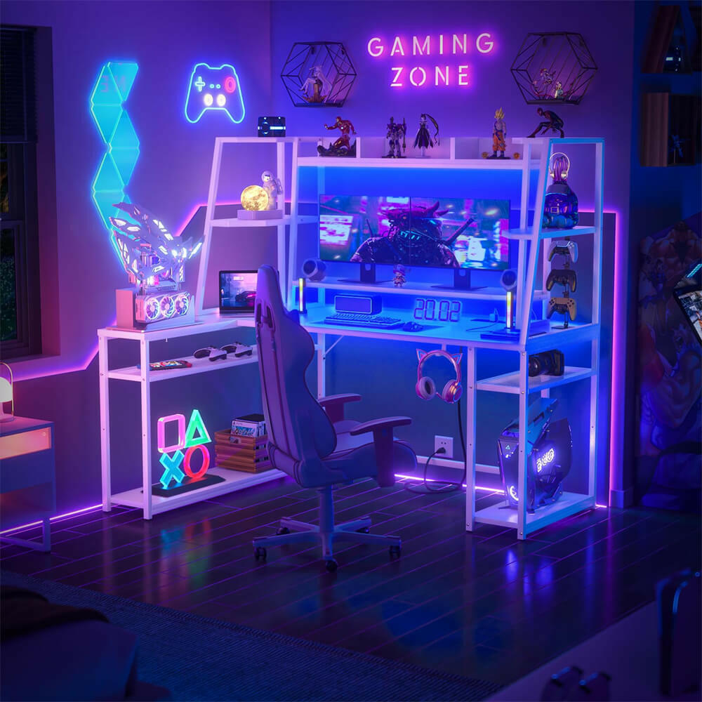 Unikito L Shaped Gaming Desk with LED Lights & Power Strips, 63'' Reversible Gaming Table Desk with Hutch, L-Shaped PC Gaming Desk with Storage, L Gamer Desk with Monitor Stand & Hook