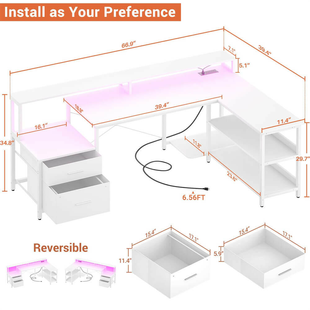 Unikito L Shaped Desk with File Drawer, 66" Reversible L Shaped Computer Desk with Power Outlet & LED Strip, Gaming Desk with Long Monitor Stand, Office Desk Corner Desk with Storage Shelf