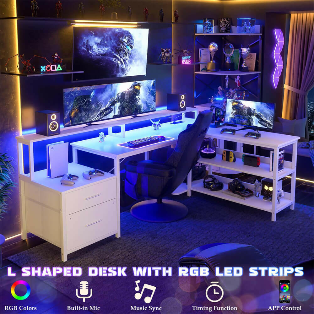 Unikito L Shaped Desk with File Drawer, 66" Reversible L Shaped Computer Desk with Power Outlet & LED Strip, Gaming Desk with Long Monitor Stand, Office Desk Corner Desk with Storage Shelf