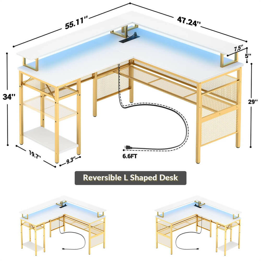 Unikito Reversible L Shaped Desk, Cool 55 Inch Corner Computer Desk with Smart Strip Light and Magic Power Outlet, Sturdy Office Table with Monitor Stand and Shelf, Elegant Grid Design