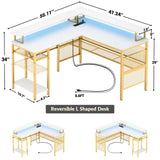 Unikito Reversible L Shaped Desk, Cool 55 Inch Corner Computer Desk with Smart Strip Light and Magic Power Outlet, Sturdy Office Table with Monitor Stand and Shelf, Elegant Grid Design