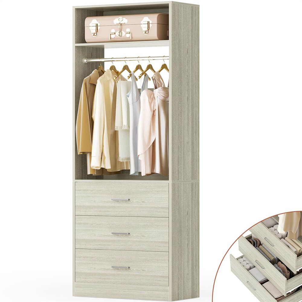 2FT  Freestanding Closet System with 3 Wood Drawers, Closet Organizer with Hanging Rod & Shelves, 24"L x 15" W x 80" H