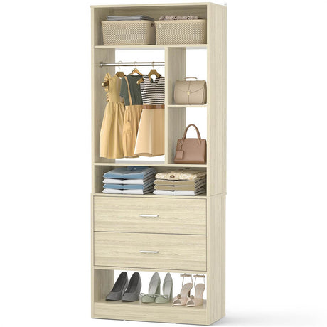 24 Inch Freestanding Closet System with 2 Wood Drawers, 2FT Small Closet Organizer System with Hanging Rod & Shelves, 24" L x 15" W x 80" H