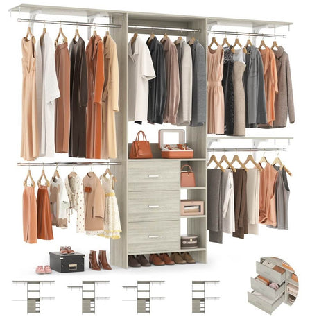 96 Inch Heavy Duty Walk In Closet System with 3 Wooden Drawers and 4 Adjustable Hanging Rods, Fits 5.3-9 ft