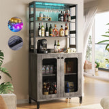 Unikito Tall Wine Bar Cabinet with LED Light and Power Strip, 67'' Standing Liquor Cabinet with Door & Glass Holder, Coffee Bar Cabinet, Bakers Rack Cabinet, for Living Room, Kitchen