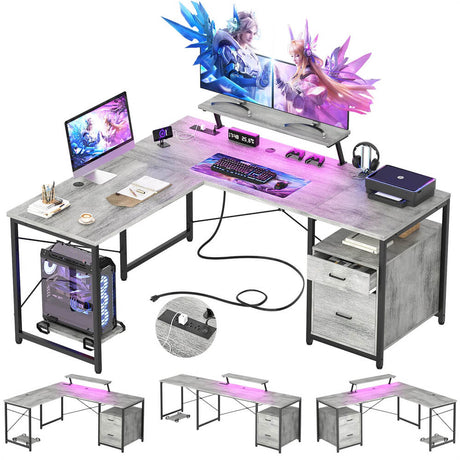 Unikito L-Shaped Desk with Power Outlet and LED Strip, Reversible File Drawer and Monitor Stand, Gaming Table Writing Desk for Home Office Workstation