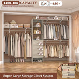 10FT Closet System with 3 Drawers, Walk In Closet Organizer with 3 Shelf Towers, 120" L x 16" W x 75" H, Max Load 1300 LBS