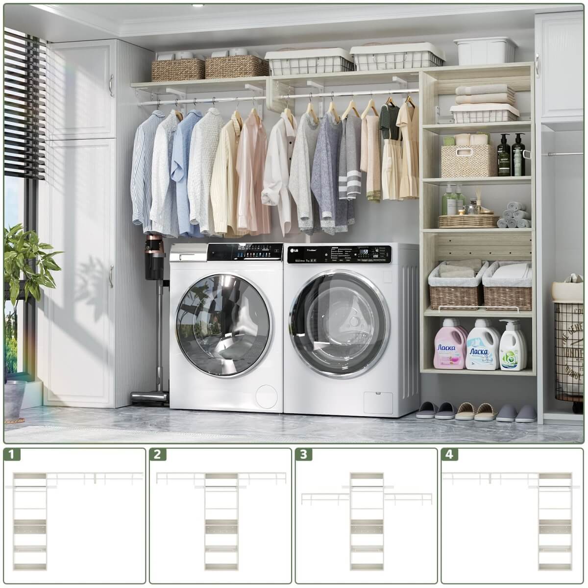 8FT Over Washer and Dryer Storage Shelf, Wall Mounted Laundry Room Organizer with Hanging Rods