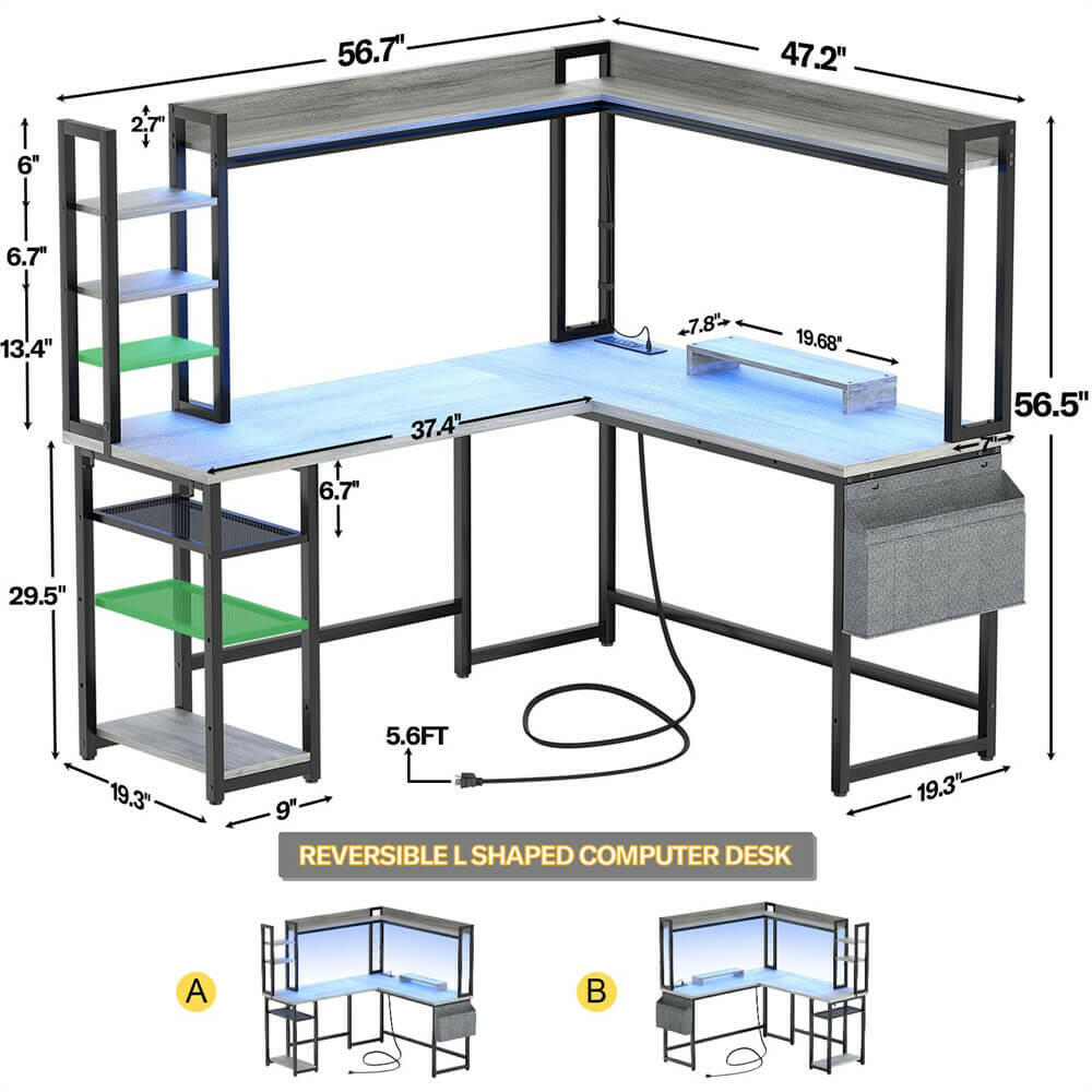 Unikito L Shaped Desk with Power Outlet, L Shaped Gaming Desk with Led Light & Hutch, Reversible Home Office Desk, Corner Computer Desk Writing Desk with Monitor Stand & Storage Shelves