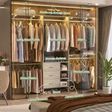 96 Inch Heavy Duty Walk In Closet System with 3 Wooden Drawers and 4 Adjustable Hanging Rods, Fits 5.3-9 ft