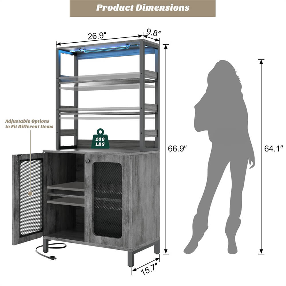 Unikito Tall Wine Bar Cabinet with LED Light and Power Strip, 67'' Standing Liquor Cabinet with Door & Glass Holder, Coffee Bar Cabinet, Bakers Rack Cabinet, for Living Room, Kitchen