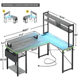 Small L Shaped Computer Desk with LED Lights & Power Outlets, Reversible Design, with Shelf, Side Storage Bag