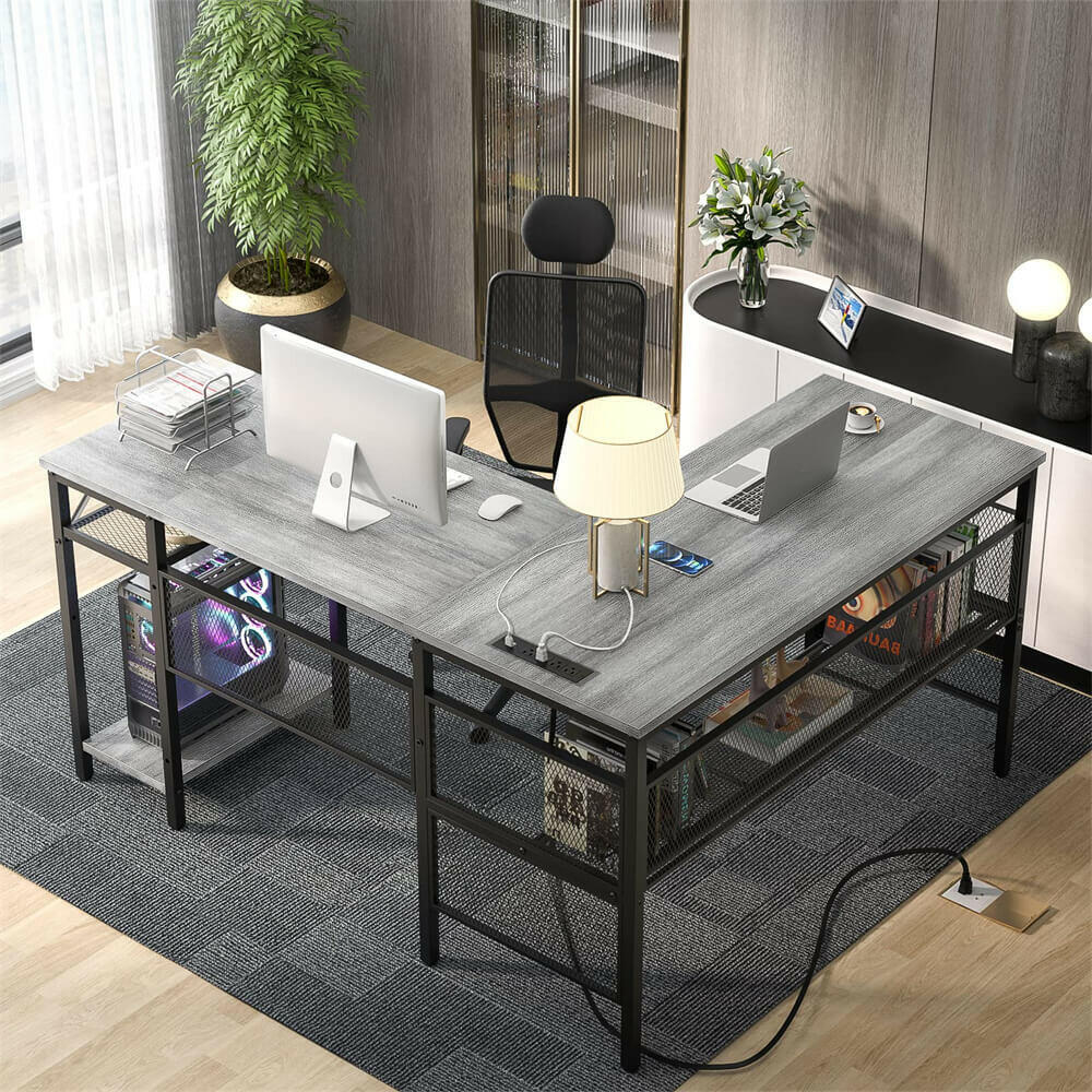 Unikito L Shaped Computer Desk with Power Outlet and USB Charging Port, Reversible L-Shaped Office Desks with Storage Shelves, Unique Grid Design, 2 Person Corner Desk for Home Office