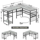 Unikito L Shaped Computer Desk with Power Outlet and USB Charging Port, Reversible L-Shaped Office Desks with Storage Shelves, Unique Grid Design, 2 Person Corner Desk for Home Office