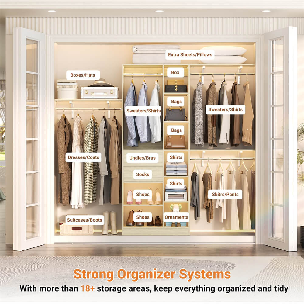 8FT Heavy Duty Closet Organizer System, Walk In Closet System with 13 Shelves and 2 Wood Drawers