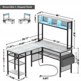 Unikito L Shaped Computer Desk with LED Strip and Power Outlets, Reversible L-Shaped Corner Desk with Storage Shelves and Bag, Industrial Home Office Desk Gaming Table with USB Port