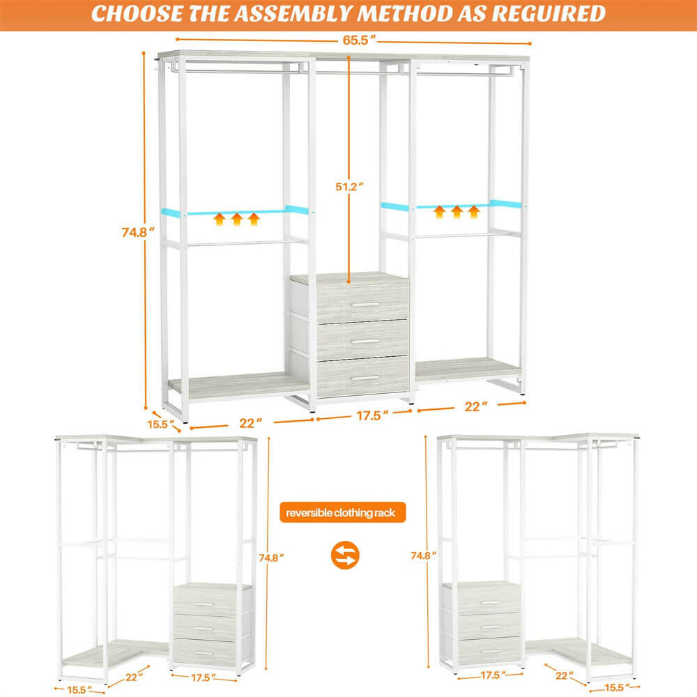 Unikito Garment Rack Heavy Duty Clothes Rack for Hanging Clothes, Wood Clothing Rack with 3 Drawers Freestanding Closet Wardrobe Rack, Multi-Functional Corner L Shaped Closet System Organizers