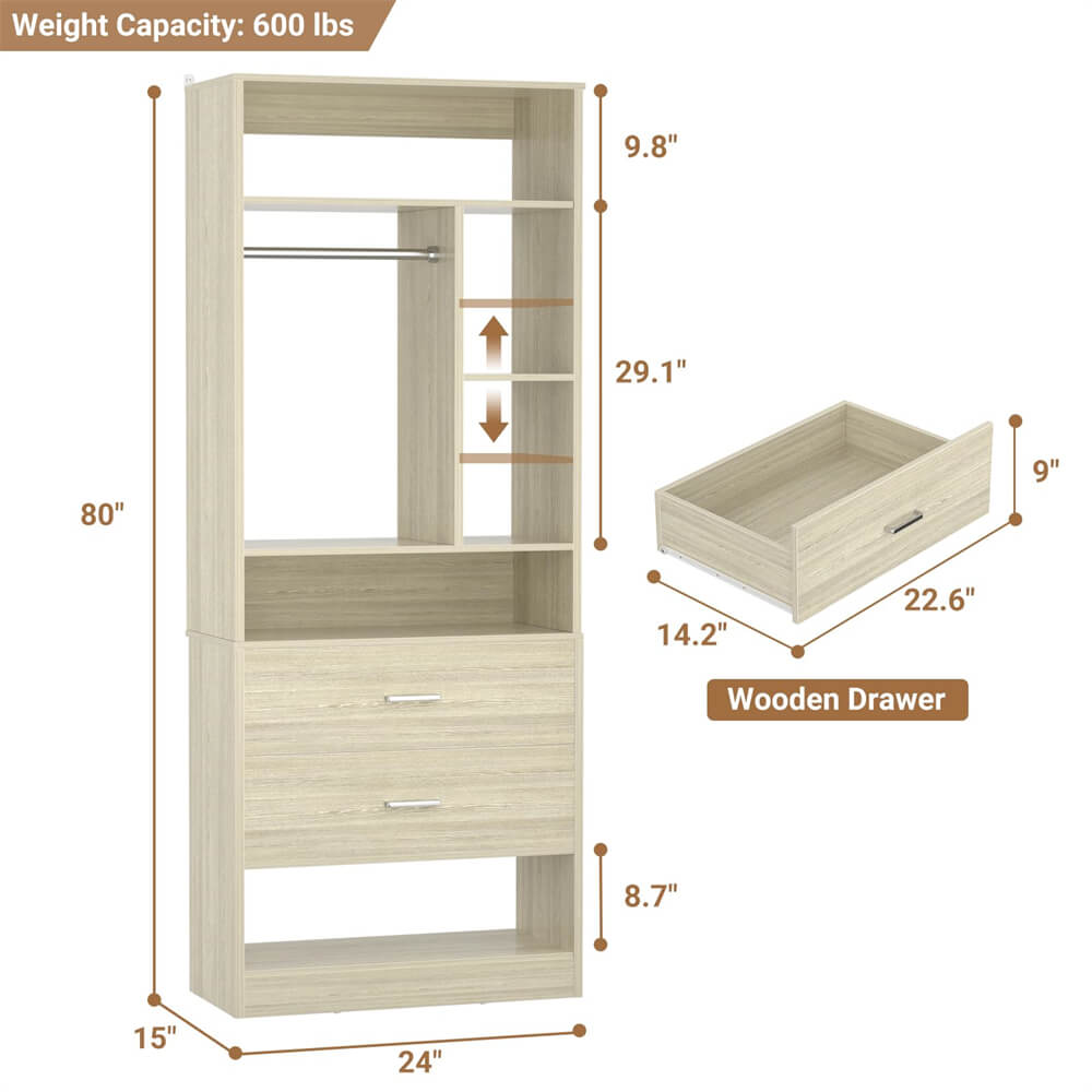 24 Inch Freestanding Closet System with 2 Wood Drawers, 2FT Small Closet Organizer System with Hanging Rod & Shelves, 24" L x 15" W x 80" H