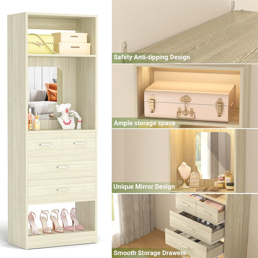 Unikito Closet System with Drawers, Freestanding Closet Organizer with Storage Shelves and Mirror, Sturdy Walk in Closet Tower for Bedroom, Mudroom and Entryway, 25" W x 16" D x 80" H