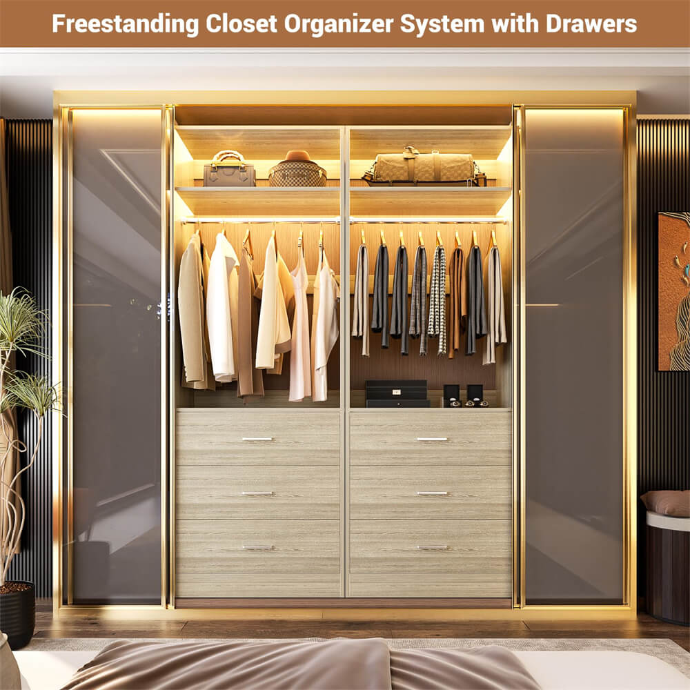 2FT  Freestanding Closet System with 3 Wood Drawers, Closet Organizer with Hanging Rod & Shelves, 24"L x 15" W x 80" H