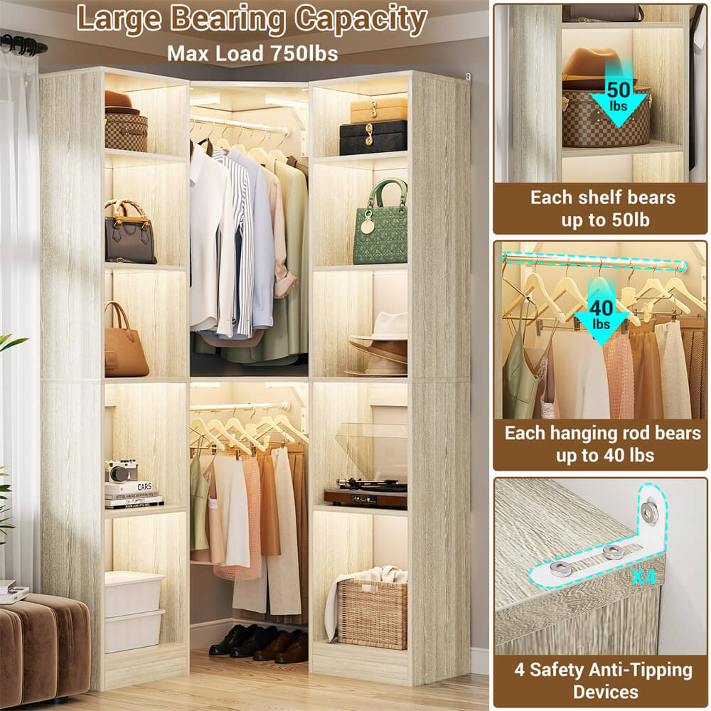 40 Inch L Shaped Corner Closet System, with 12 Shelves, 2 Hanging Rods, 6-Tier Design