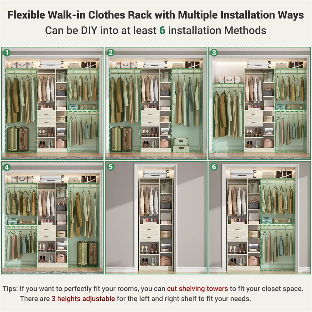 8FT Heavy Duty Closet Organizer System, Walk In Closet System with 13 Shelves and 2 Wood Drawers