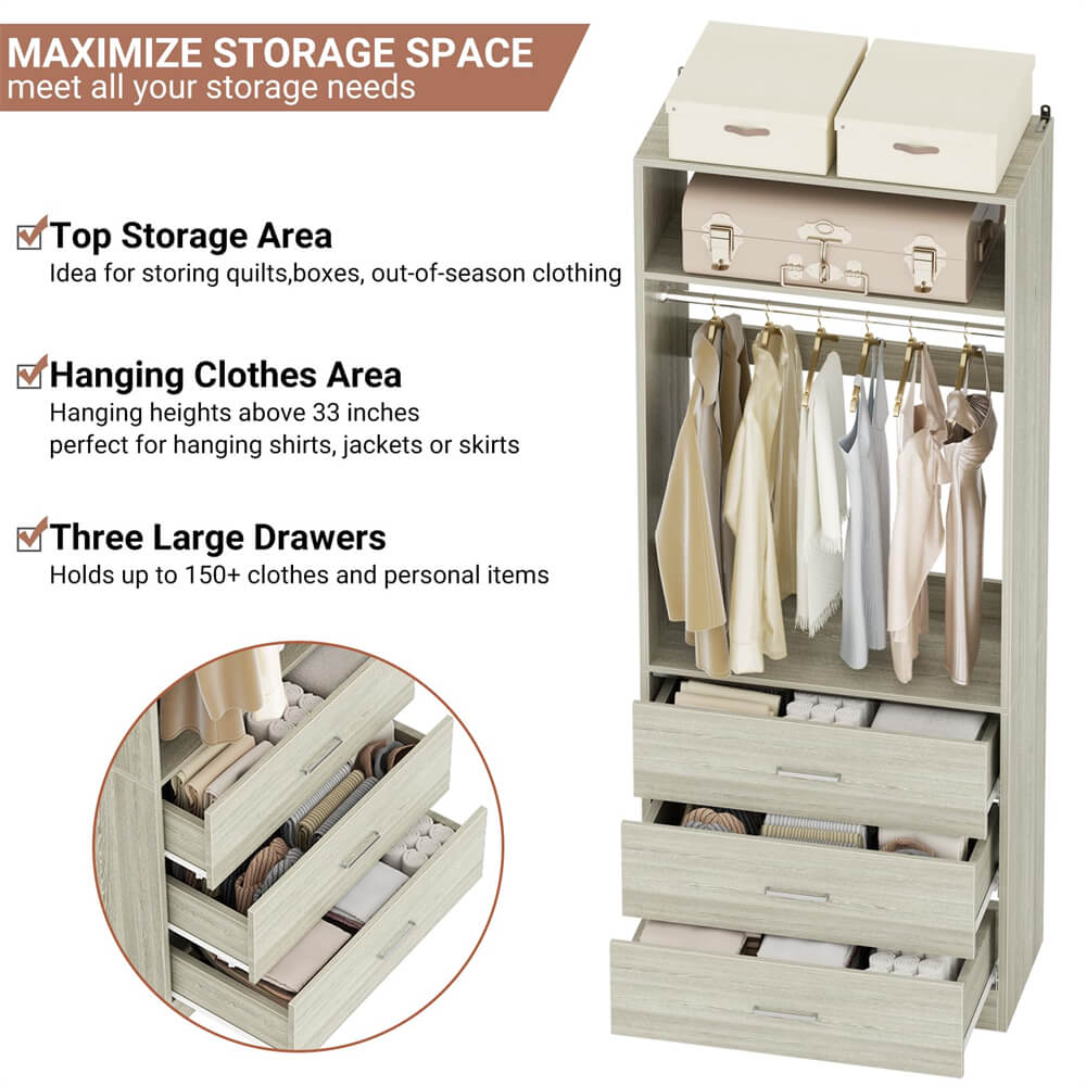 2FT  Freestanding Closet System with 3 Wood Drawers, Closet Organizer with Hanging Rod & Shelves, 24"L x 15" W x 80" H