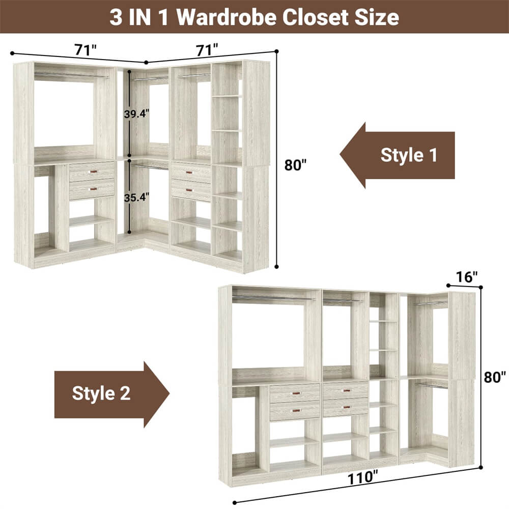 Unikito Freestanding Closet System with 3 Sets, 110'' Reversible Stand-alone Wardrobe, 80'' Height Cloth Garment Organizer, Walk-in Closet with Hanging Rod, 71"L x 71"W x 80"H, Load 2500 LBS