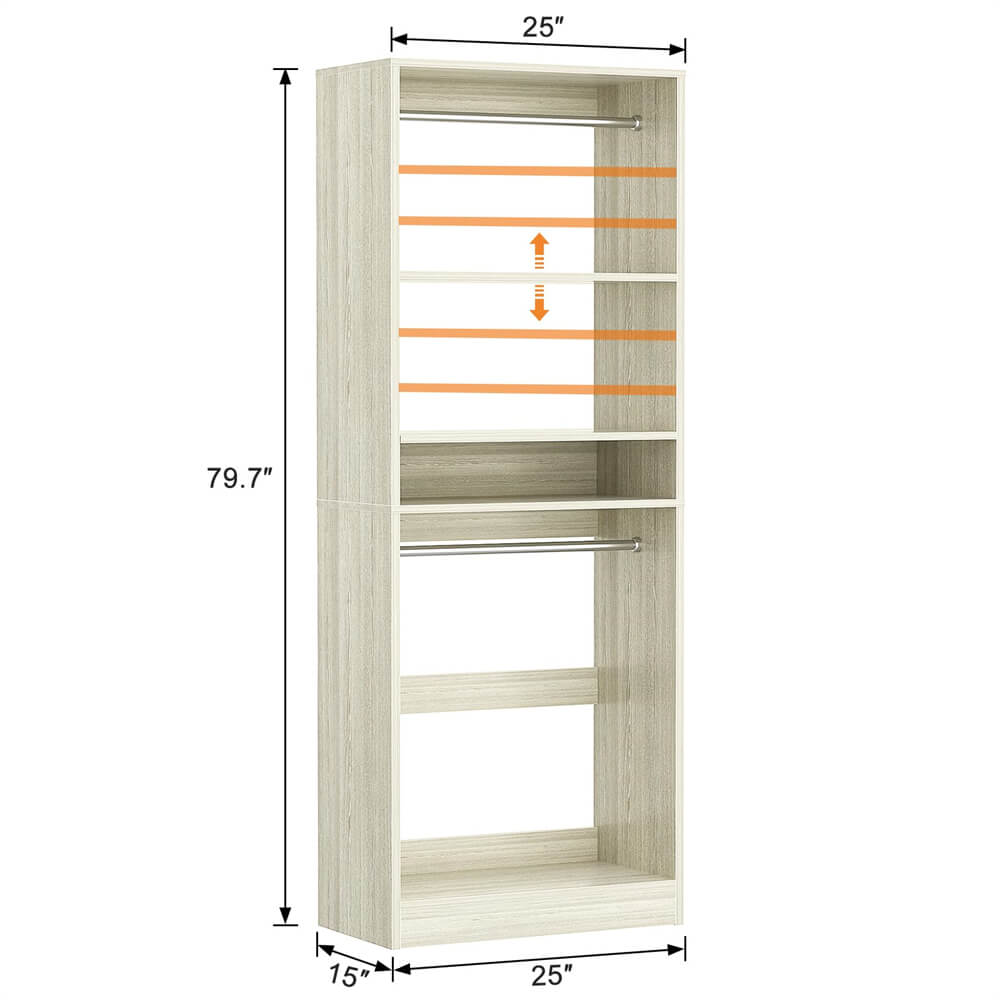 Unikito 25'' Closet System, Freestanding Closet Organizer Wardrobe with Hanging Rods and Shelves, Adjustable Clothes Garment Rack, Sturdy Walk in Closet Tower, 25" W x 16" D x 80" H