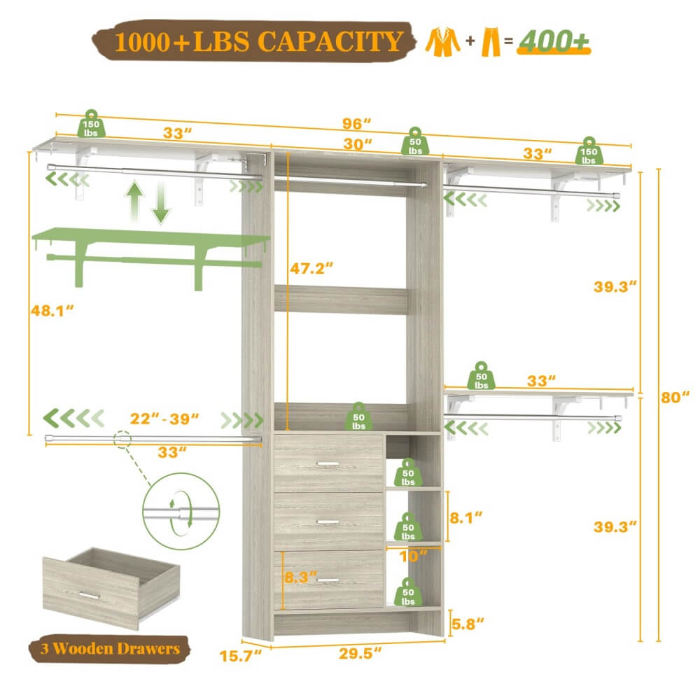 96 Inch Heavy Duty Walk In Closet System with 3 Wooden Drawers and 4 Adjustable Hanging Rods, Fits 5.3-9 ft