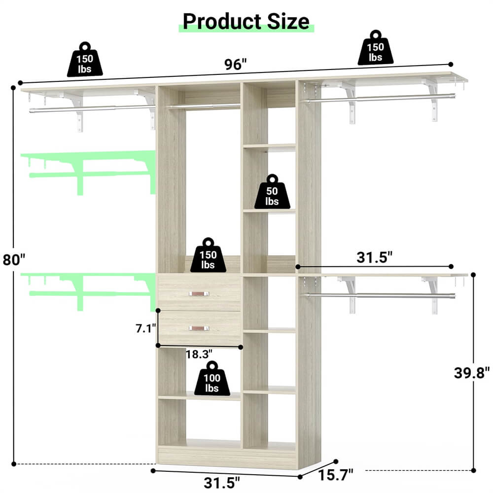 8FT Heavy Duty Closet Organizer System, Walk In Closet System with 13 Shelves and 2 Wood Drawers