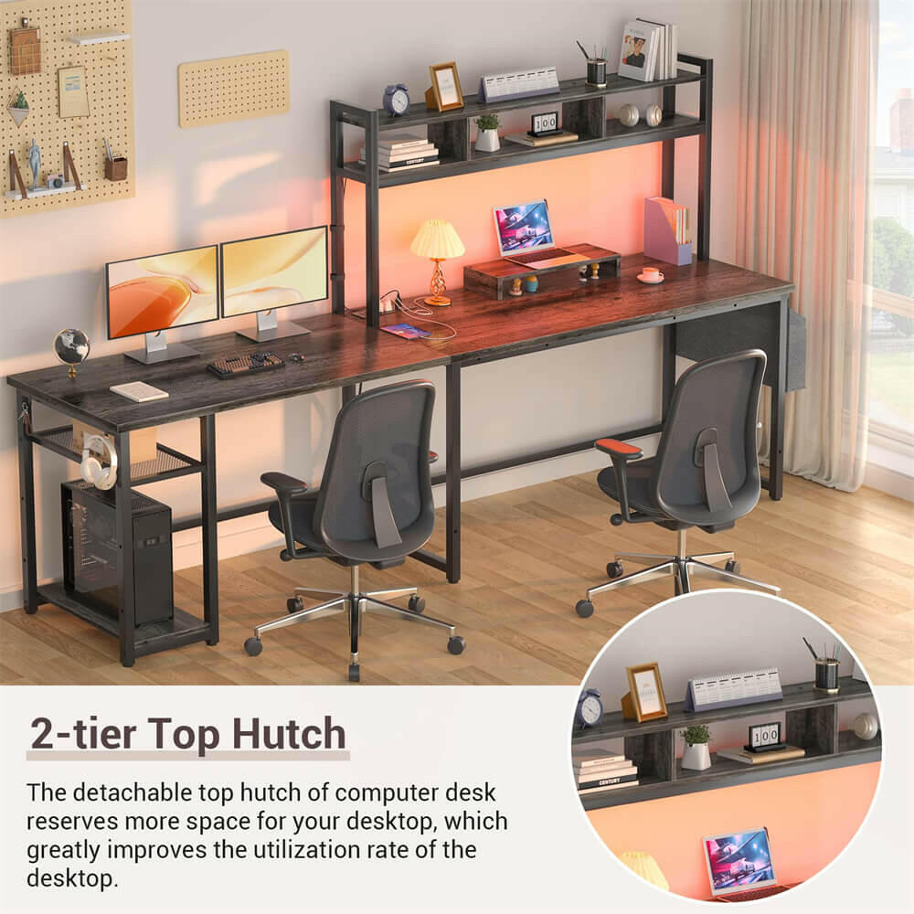 Unikito L Shaped Desk with Power Outlet & LED Strip, Reversible L-Shaped Corner Computer Desks Gaming Desk with Storage Shelf & Monitor Stand, Modern 2 Person Home Office Desk, Writing Desk