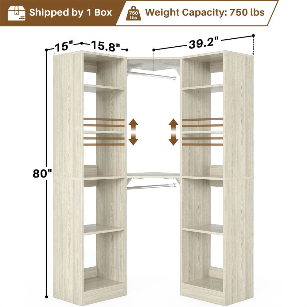 40 Inch L Shaped Corner Closet System, with 12 Shelves, 2 Hanging Rods, 6-Tier Design