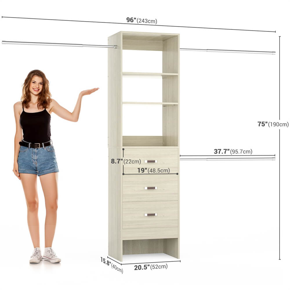 96 inch Closet Organizer System with 3 Wood Drawers and 3 Hanging Rods, Freestanding, and Adjustable