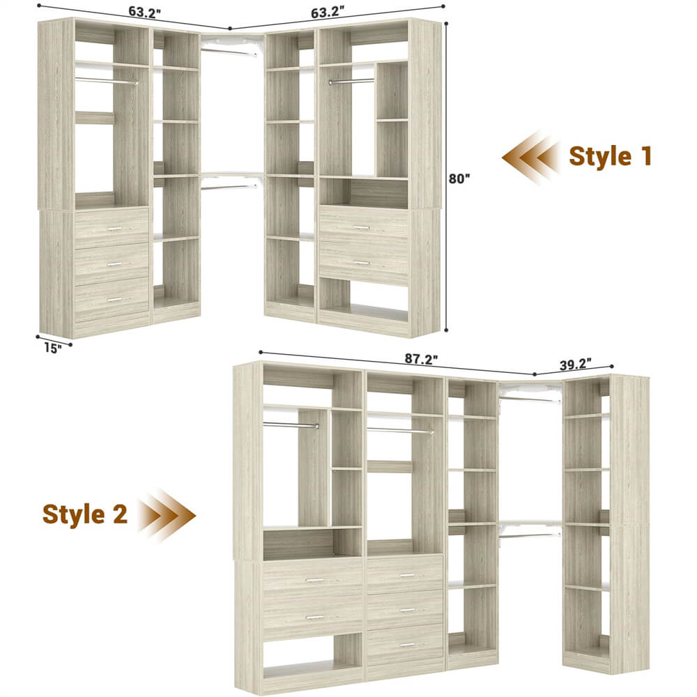 3-In-1 Freestanding Closet System, Closet Organizer with 5 Wood Drawers, 4 Hanging Rods, Reversible, 63.2"L x 63.2"W x 80"H, Load 2000+LBS