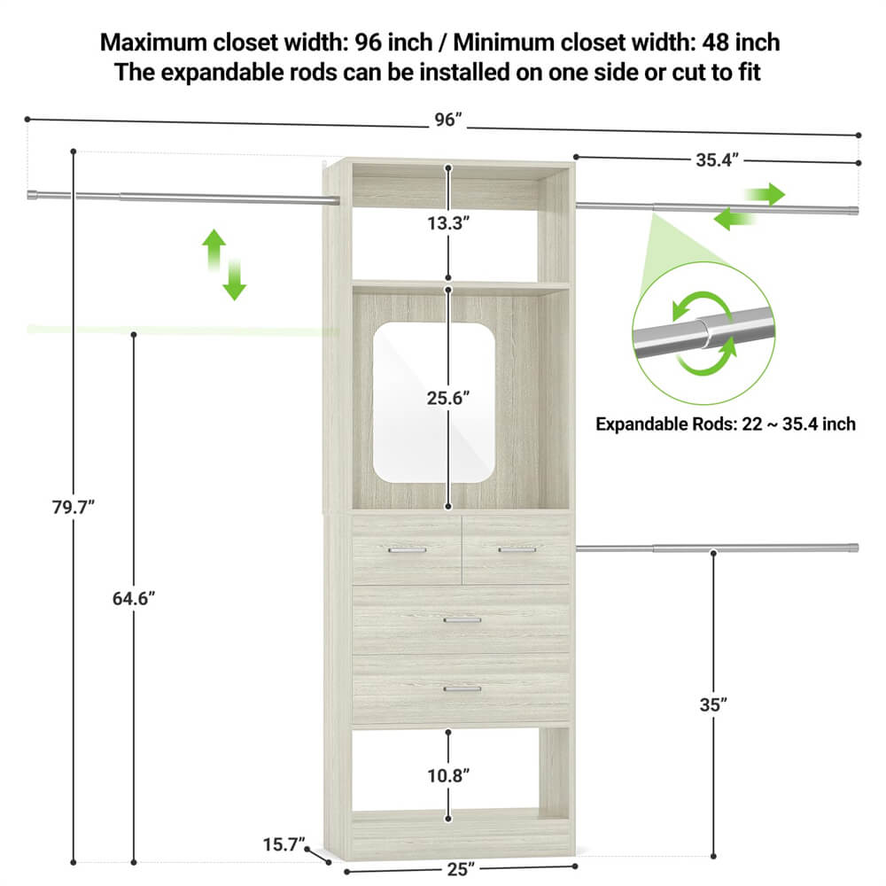 Unikito 96'' Closet Organizer with Drawers,  Adjustable 8FT Walk In Closet System Starter Kit with 25'' Tower and 3 Hanging Rods, Sturdy Garment Rack with 4 Storage Drawers and Mirror, 96'' W x 16'' D x 80''H