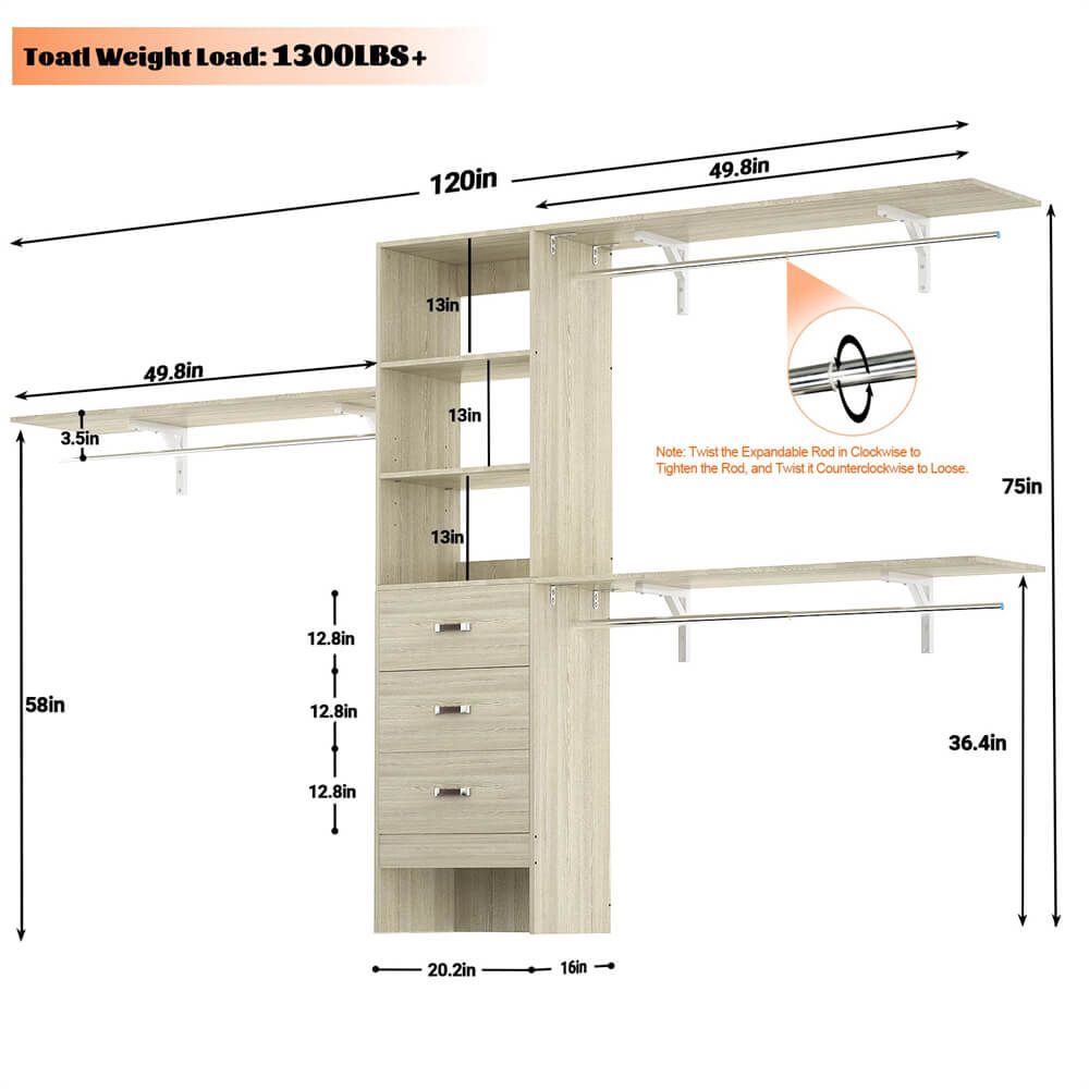 10FT Closet System with 3 Drawers, Walk In Closet Organizer with 3 Shelf Towers, 120" L x 16" W x 75" H, Max Load 1300 LBS