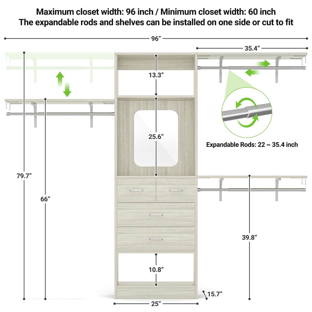 Unikito 96 Inch Closet Organizer System, 8FT Walk in Closet Insert with 25" Tower, 3 Hanging rods and Top Shelves, Heavy Duty Clothing Wardrobe with 4 Drawers and Mirror, Max Load 1000 LBS