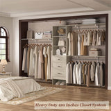 10FT Closet System with 3 Drawers, Walk In Closet Organizer with 3 Shelf Towers, 120" L x 16" W x 75" H, Max Load 1300 LBS