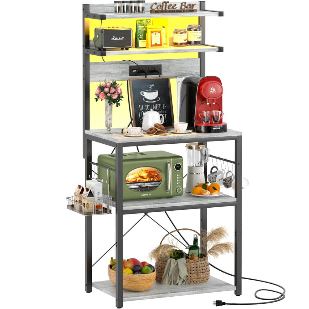 5-Tier Bakers Rack with Power Outlets, LED Lights, and Metal Hooks