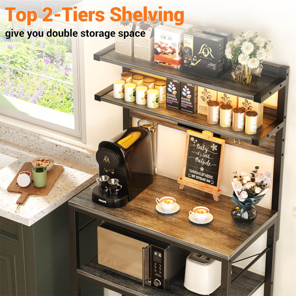 5-Tier Bakers Rack with Power Outlets, LED Lights, and Metal Hooks