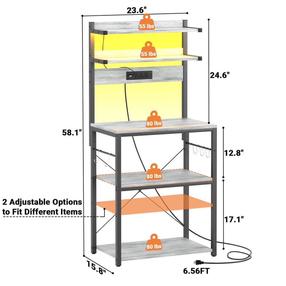 5-Tier Bakers Rack with Power Outlets, LED Lights, and Metal Hooks