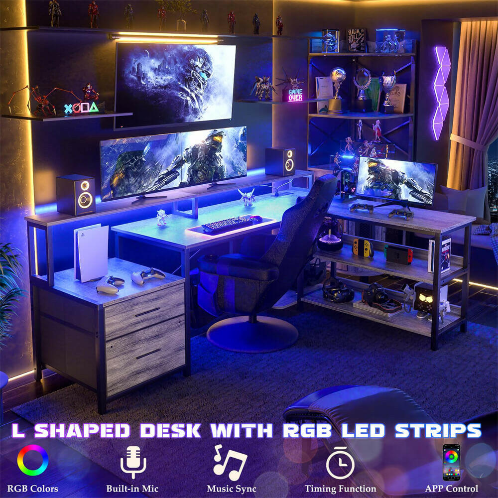 Unikito L Shaped Desk with File Drawer, 66" Reversible L Shaped Computer Desk with Power Outlet & LED Strip, Gaming Desk with Long Monitor Stand, Office Desk Corner Desk with Storage Shelf